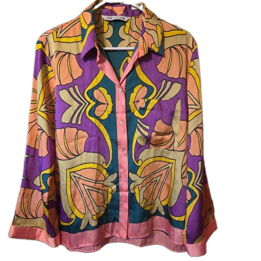 Zara Womens Retro Psychedelic Print Satin Button Down Shirt Purple Teal Large